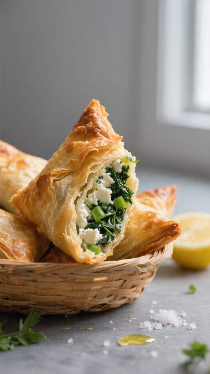 Close-up detail shot of freshly air-fried spanakopita triangles just out of the basket: ultra-crisp,