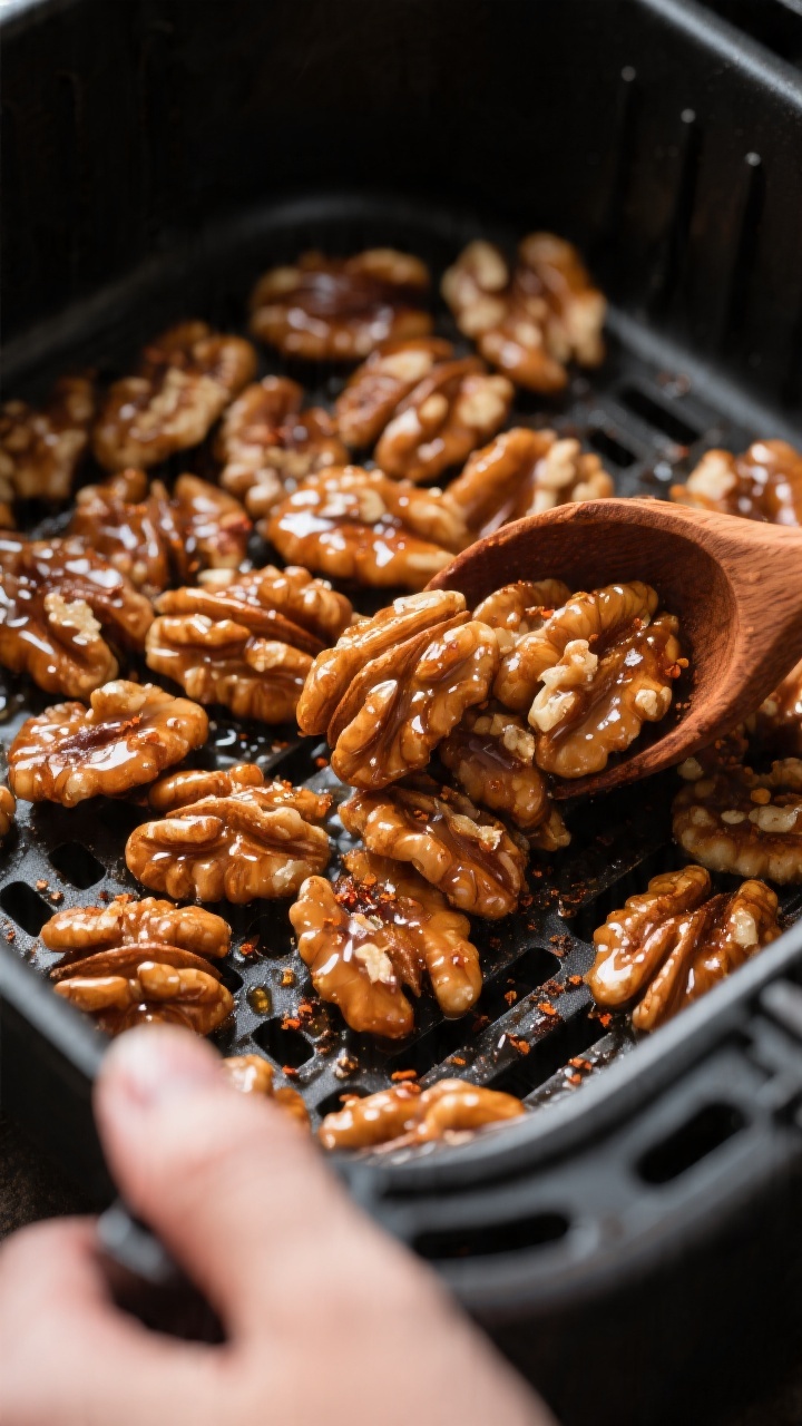 Close-up detail shot of glossy, just-cooked air fryer candied walnuts being stirred mid-cook in the