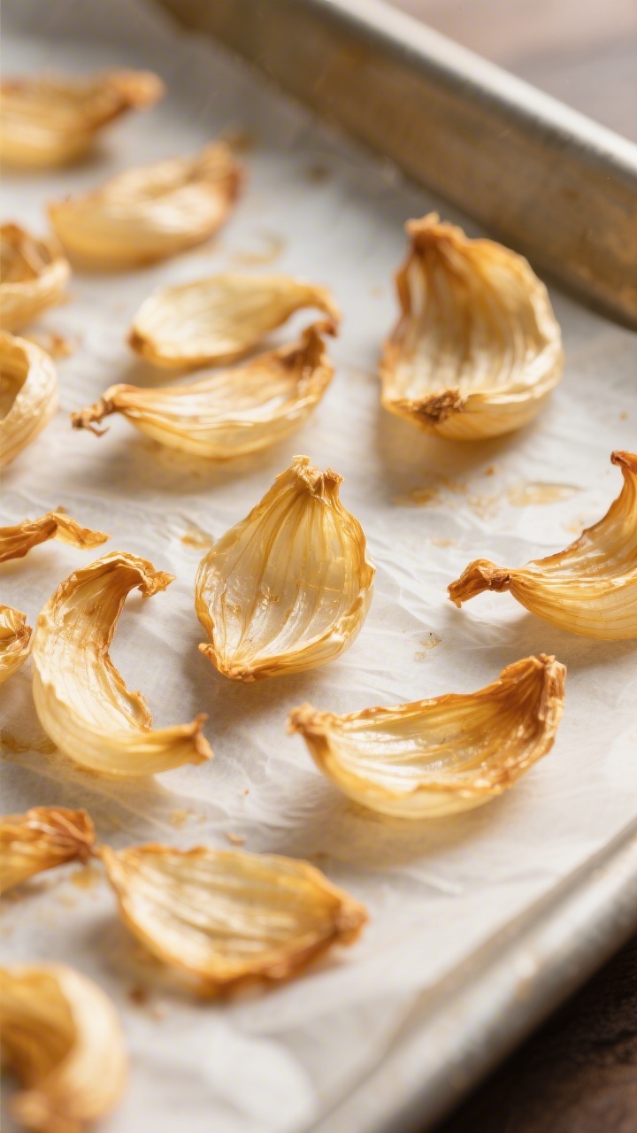 Close-up detail shot of golden, fully dehydrated shallot slices scattered on a parchment-lined bakin