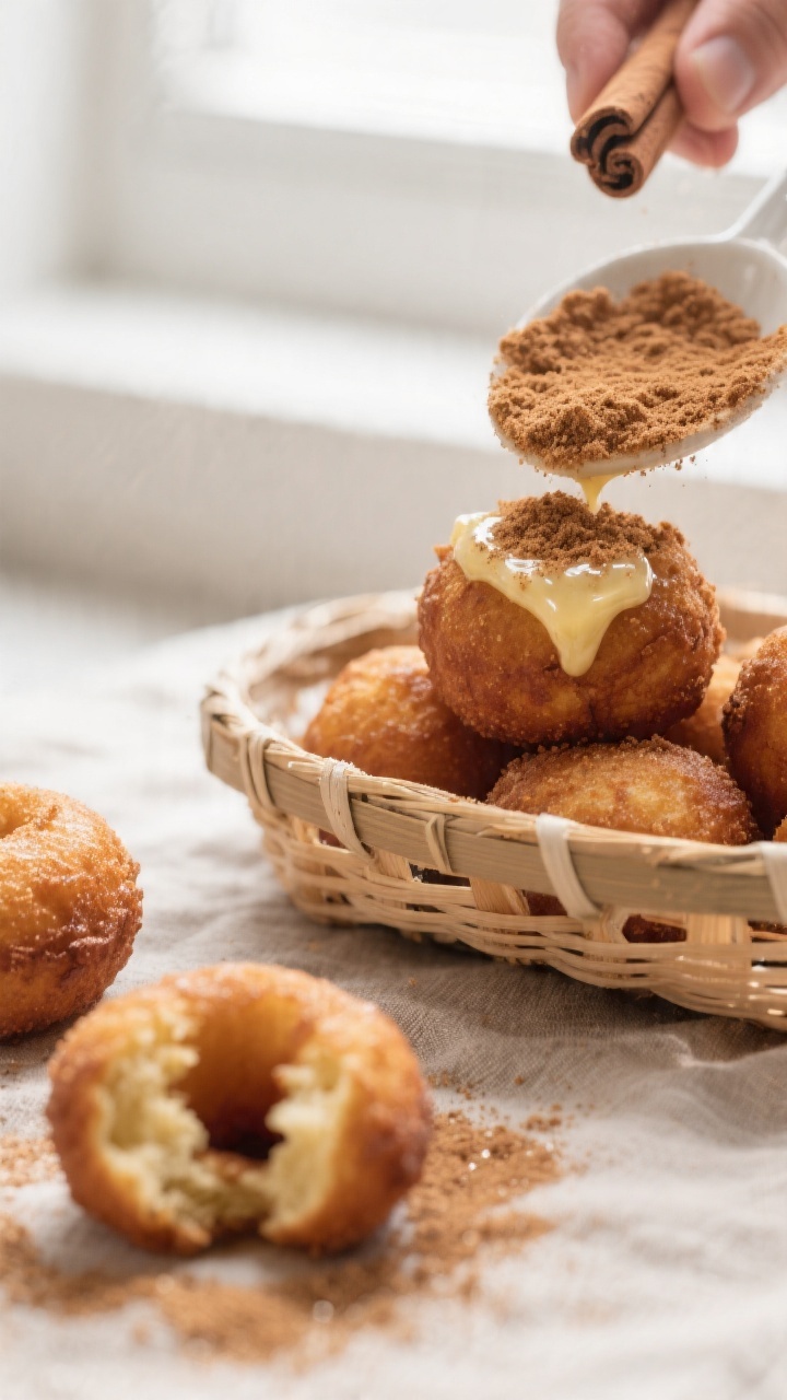 Close-up detail shot: Warm air-fried donut holes just out of the basket, golden-brown and slightly c