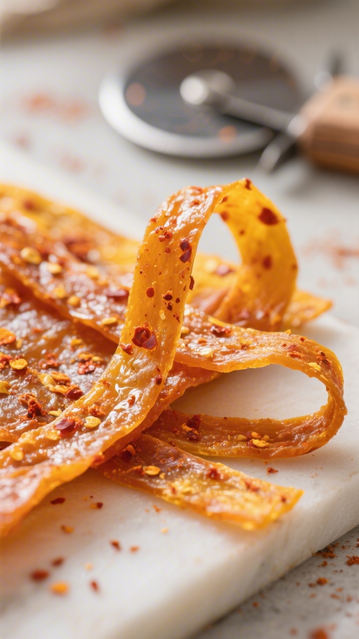 Close-up detail: Spicy mango jerky strips just cut from a glossy, fully dried mango sheet, showing a