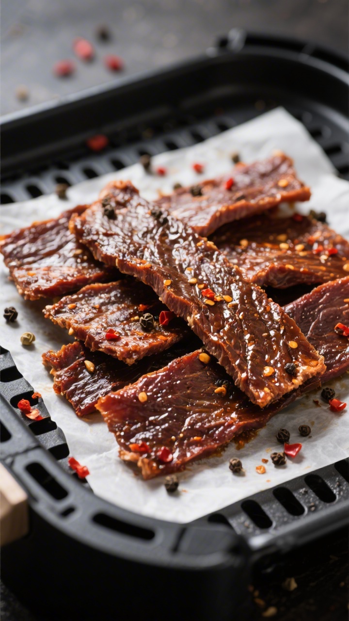 Close-up detail: Thick cut beef jerky fresh from the air fryer rack, richly browned and glossy with