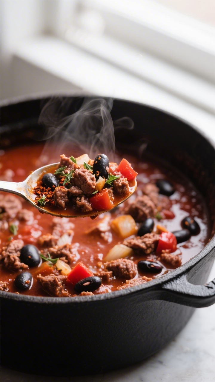 Close-up detail: Thick, simmered chili just before dehydrating, showing glossy, brick-red sauce clin
