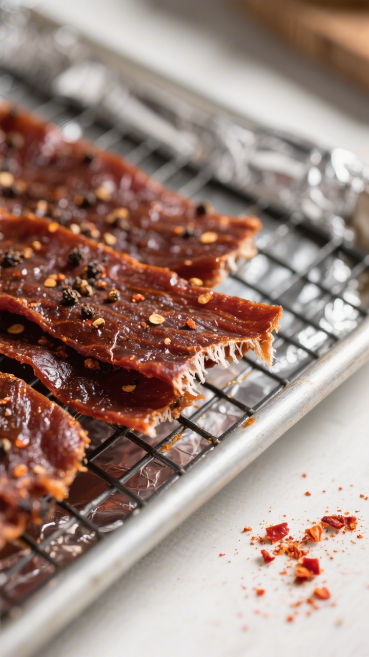 Close-up detail: Thin-cut beef jerky just finished in the air fryer, deep mahogany-brown strips with