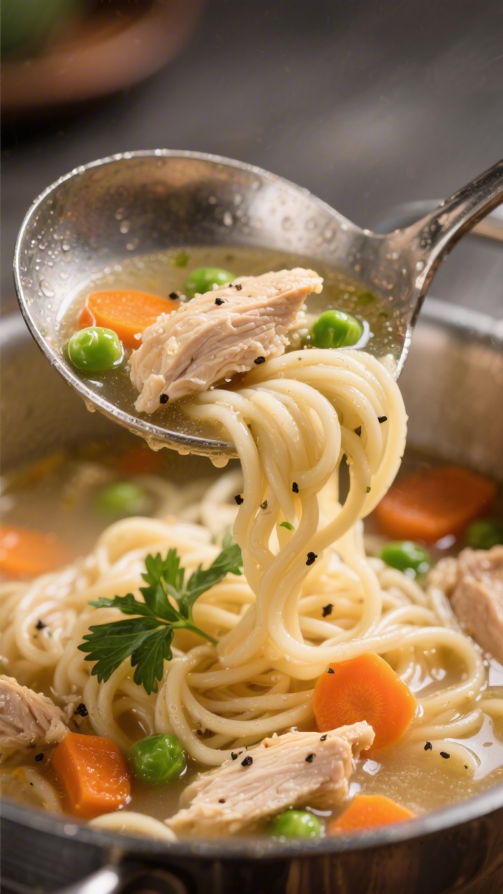 Close-up detail: Ultra close-up of a ladle lifting the finished chicken noodle soup from the pot, hi