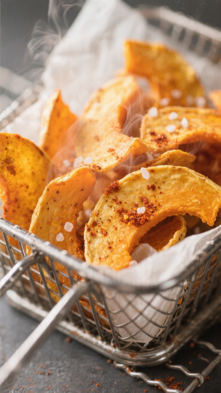 Close-up detail: Ultra-crisp air-fried butternut squash chips fresh from the basket, edges lightly c