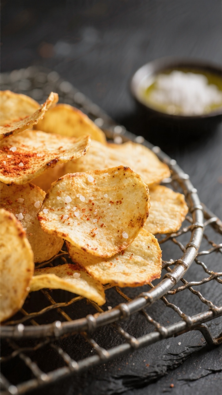 Close-up detail: Ultra-crisp air-fried cassava chips just out of the basket, edges lightly golden an