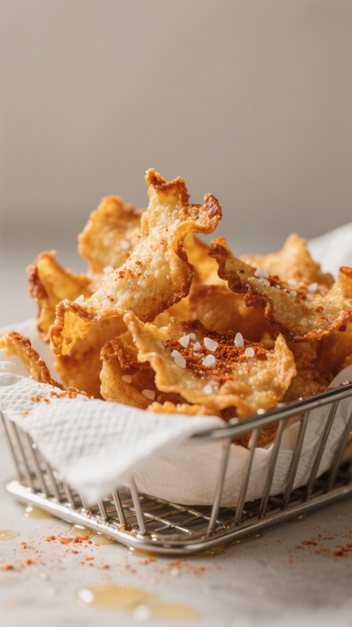 Close-up detail: Ultra-crisp air fryer chicken skin chips just out of the basket, deep golden with c