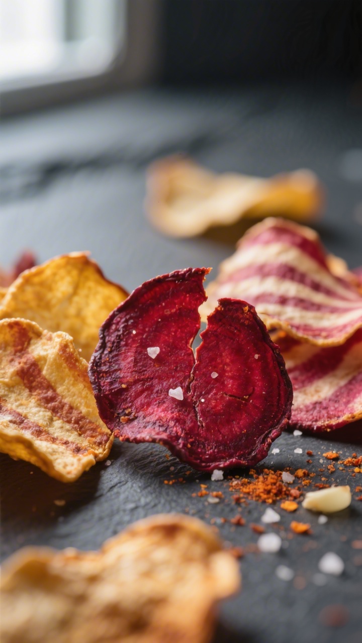 Close-up detail: Ultra-crisp dehydrated beet chips in mixed colors (deep ruby red, golden yellow, an