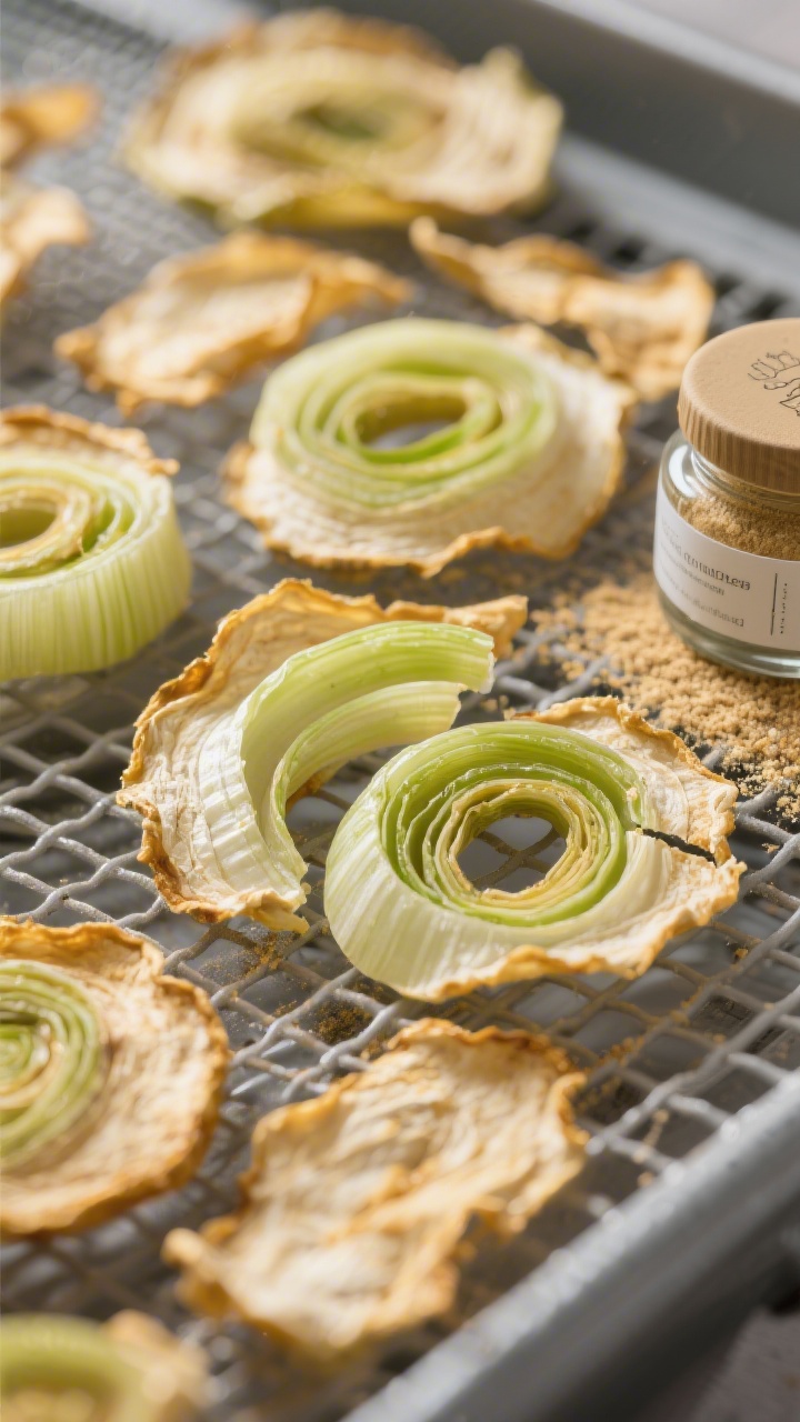 Close-up detail: Ultra-crisp dehydrated leek slices scattered on a mesh dehydrator tray, golden-pale