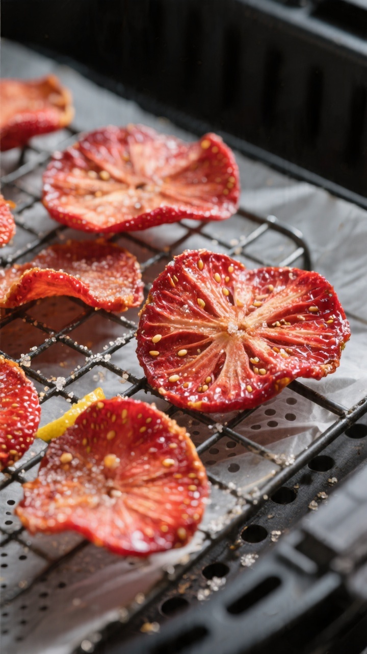 Close-up detail: Ultra-thin, fully dried strawberry chips cooling on a wire rack after air frying, s