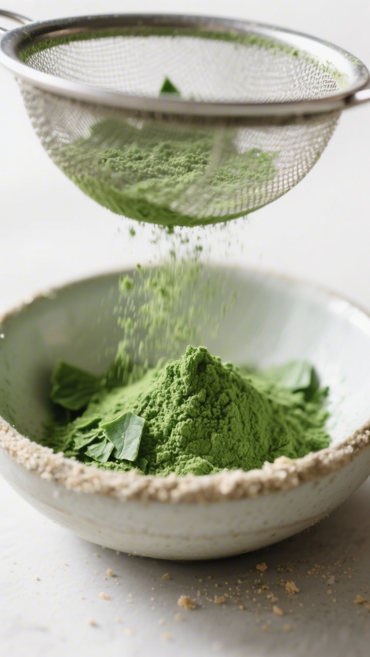 Close-up detail: Vibrant spinach powder being sifted through a fine-mesh sieve into a small bowl, sh