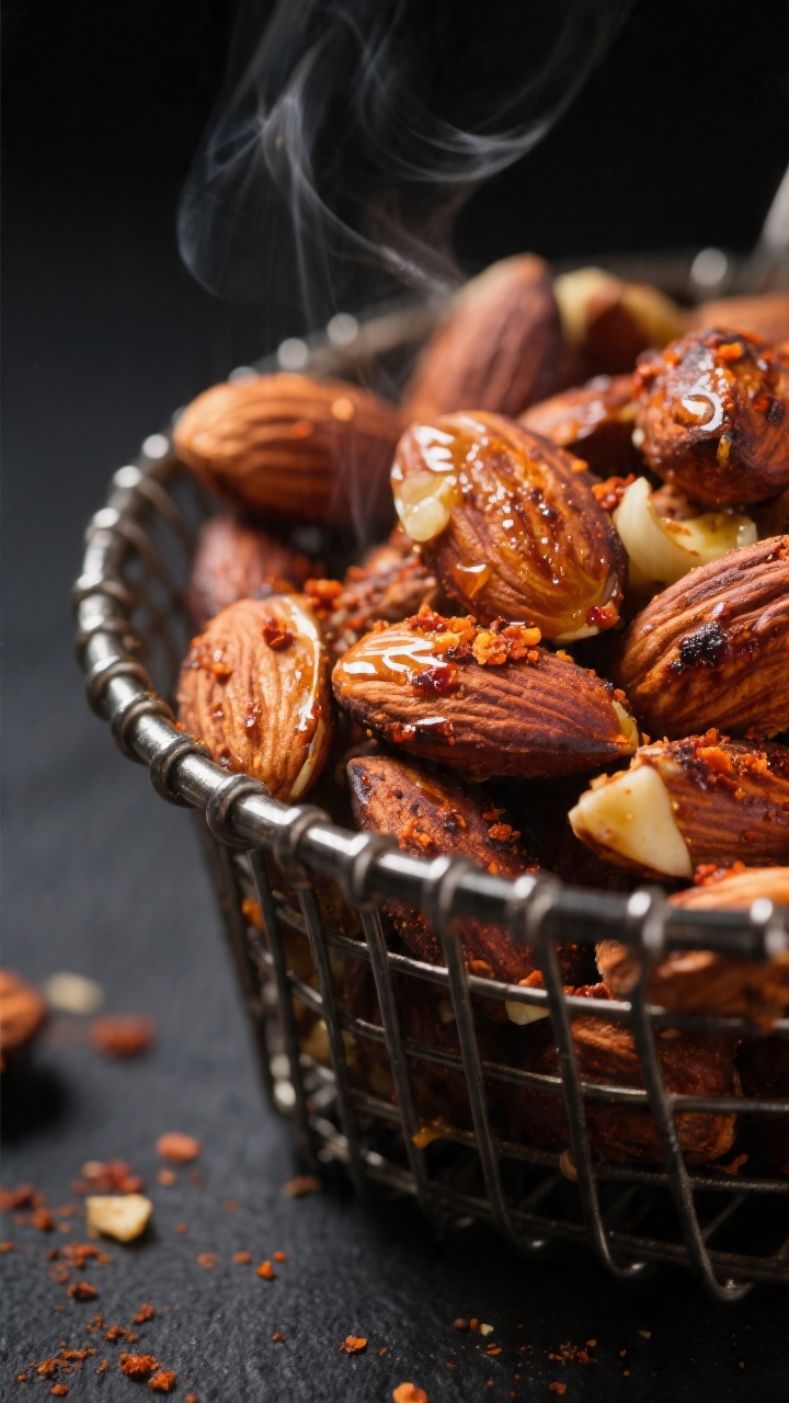 Close-up detail: Warm air-fried almonds just out of the basket, lightly glistening with olive oil, s