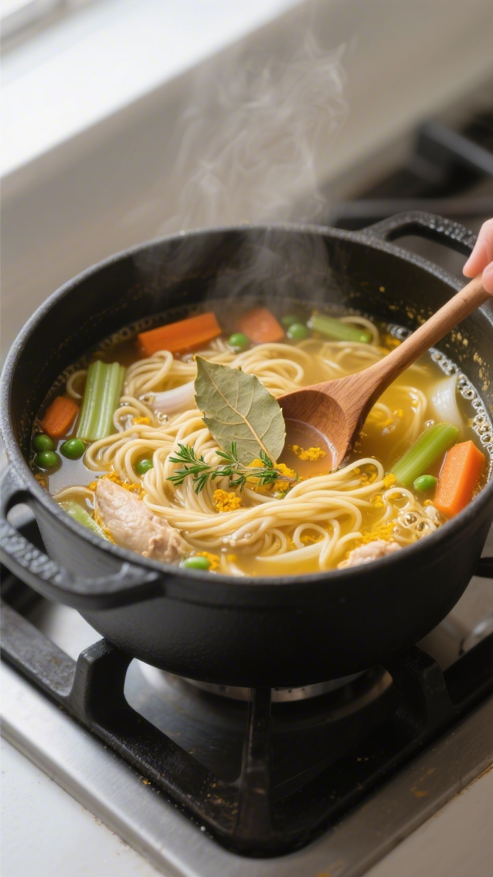 Cooking process: A cozy stovetop scene of chicken noodle soup simmering in a matte black pot, overhe