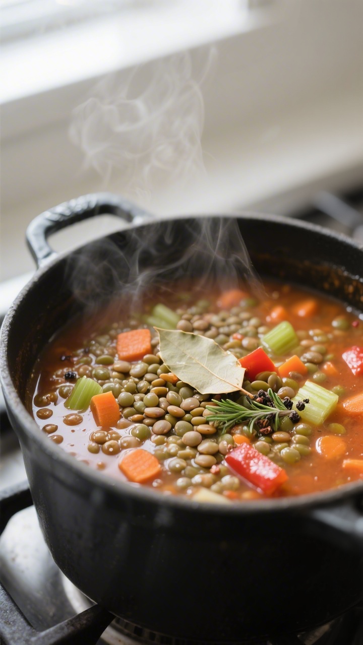 Cooking process: A simmering pot of lentil soup mid-cook on a stovetop, close-up of tender green-bro