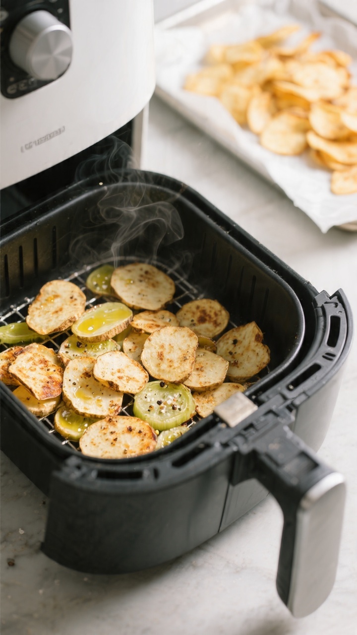 Cooking process action shot: air fryer basket pulled open mid-cook showing a single, even layer of c