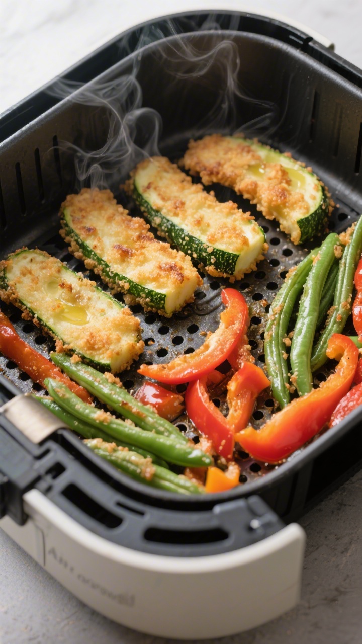 Cooking process: Air fryer basket arranged in a single layer with battered zucchini spears, bell pep