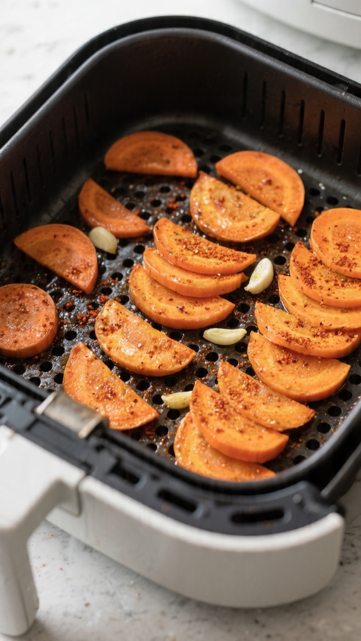 Cooking process: Air fryer basket at 375°F with a single, evenly spaced layer of seasoned carrot co