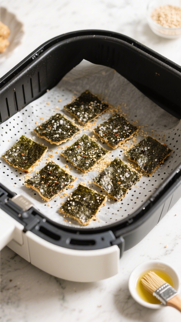 Cooking process: Air fryer basket loaded in a single, non-overlapping layer with seasoned nori squar