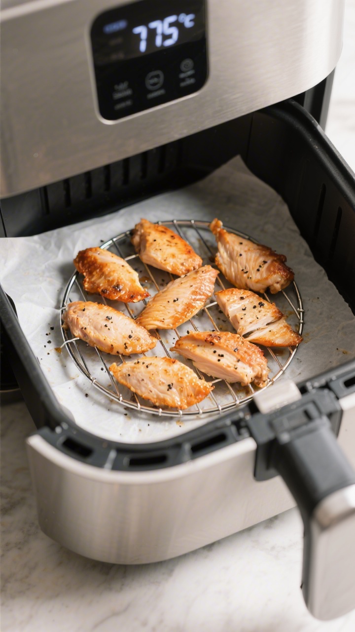 Cooking process: Air fryer basket scene showing chicken skin pieces arranged in a single, non-overla