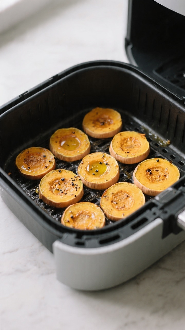 Cooking process: Air fryer basket scene with a single, evenly spaced layer of thin butternut squash