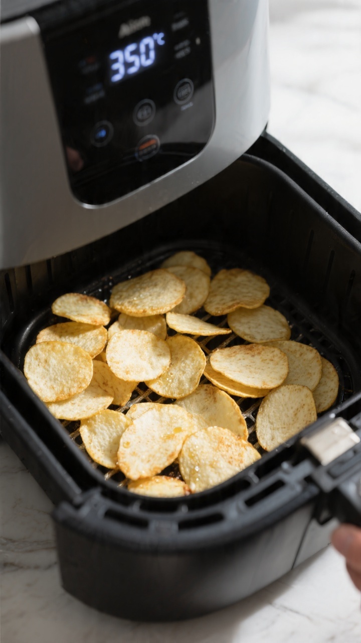 Cooking process: Air fryer basket shot mid-batch with cassava slices arranged in a single, non-overl