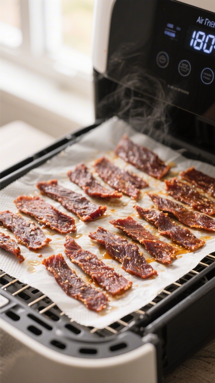 Cooking process: Air fryer jerky mid-dry at low temperature, single layer of evenly spaced 1/4–3/8