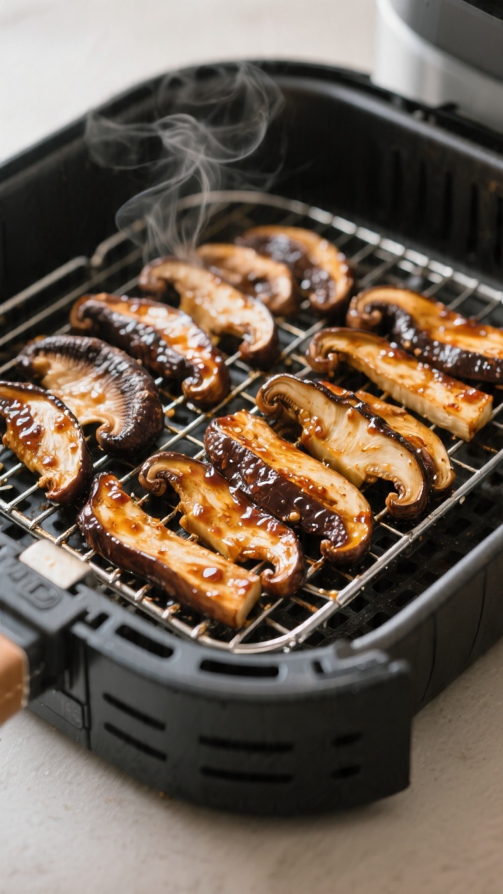 Cooking process: Air-fryer rack neatly lined with marinated 1/4-inch shiitake and portobello strips