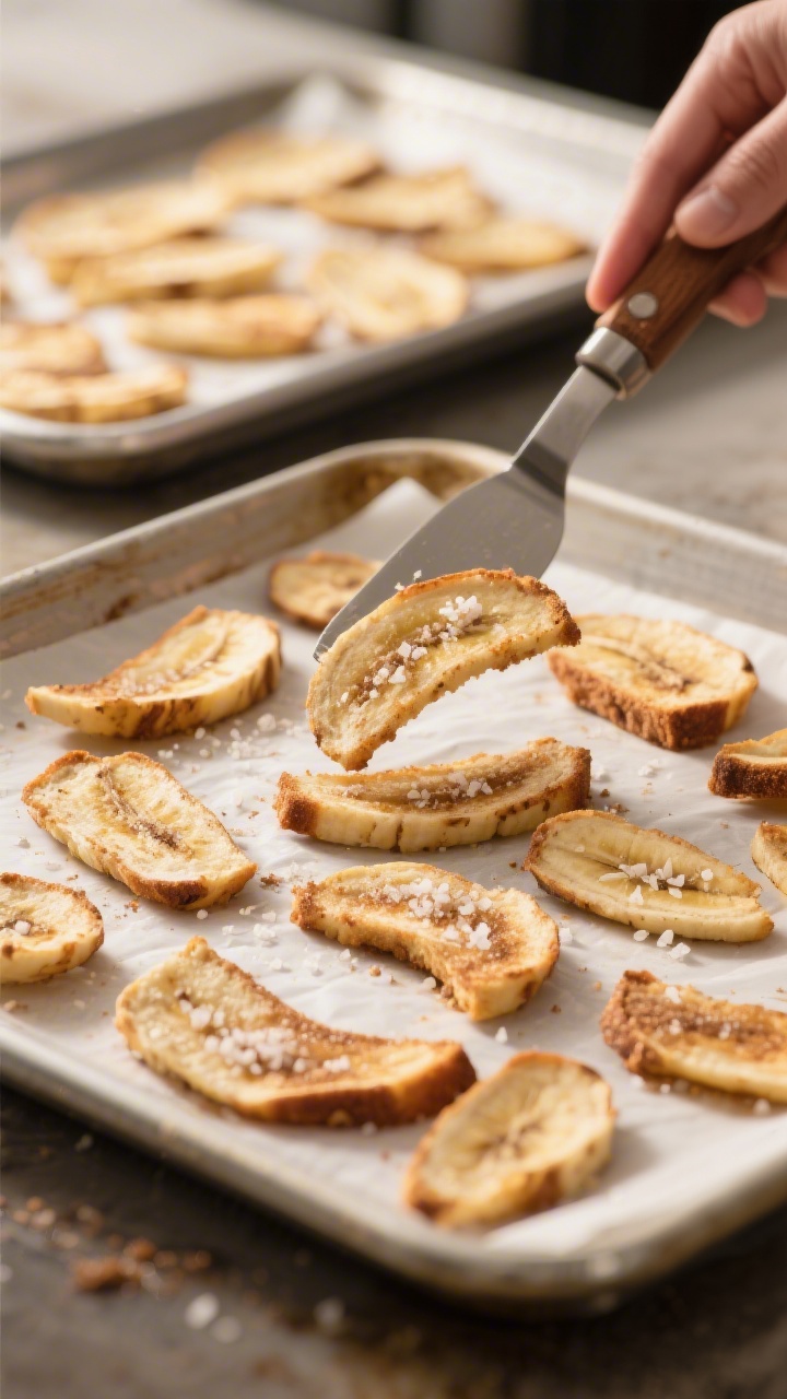 Cooking process: Banana bread chips mid-dehydration being flipped with a thin spatula on parchment-l