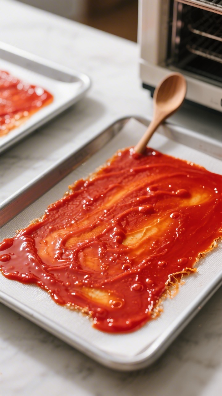Cooking process close-up: A dehydrator tray lined with silicone sheets holding thin, even 1–2 mm l