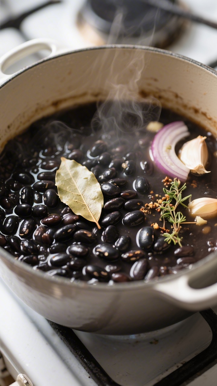 Cooking process close-up: A shallow-depth-of-field shot of tender, fully cooked black beans simmerin