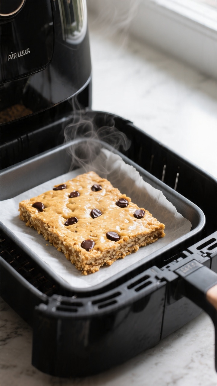Cooking process close-up: Air fryer protein bar slab just finished cooking in a parchment-lined 6–