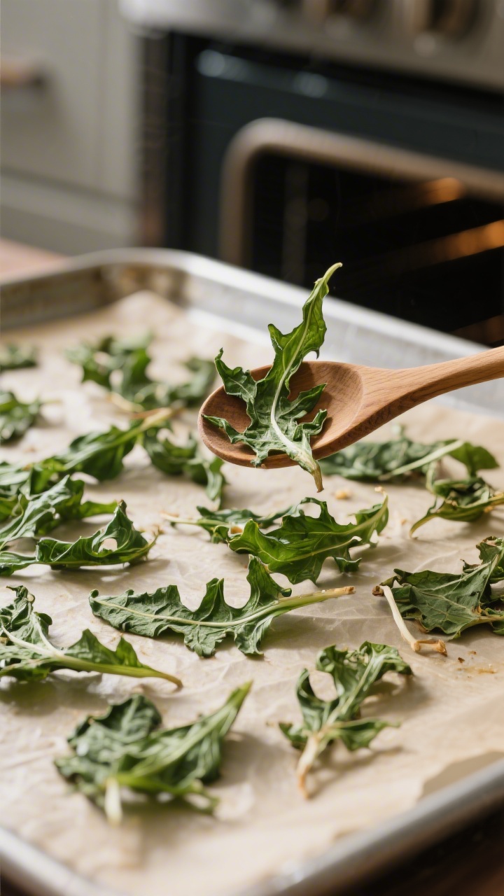 Cooking process close-up: Crisp, fully dehydrated arugula leaves scattered in a single, non-overlapp