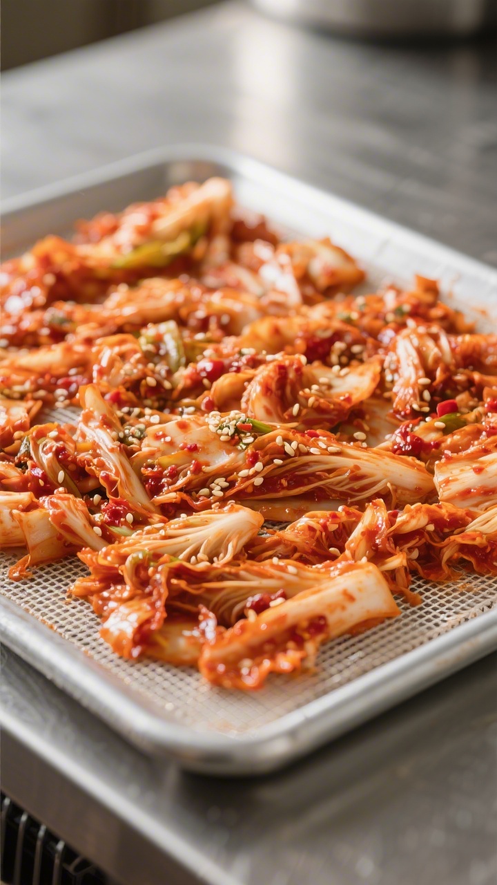 Cooking process close-up: Finely chopped, well-fermented Napa cabbage kimchi spread in a thin, even