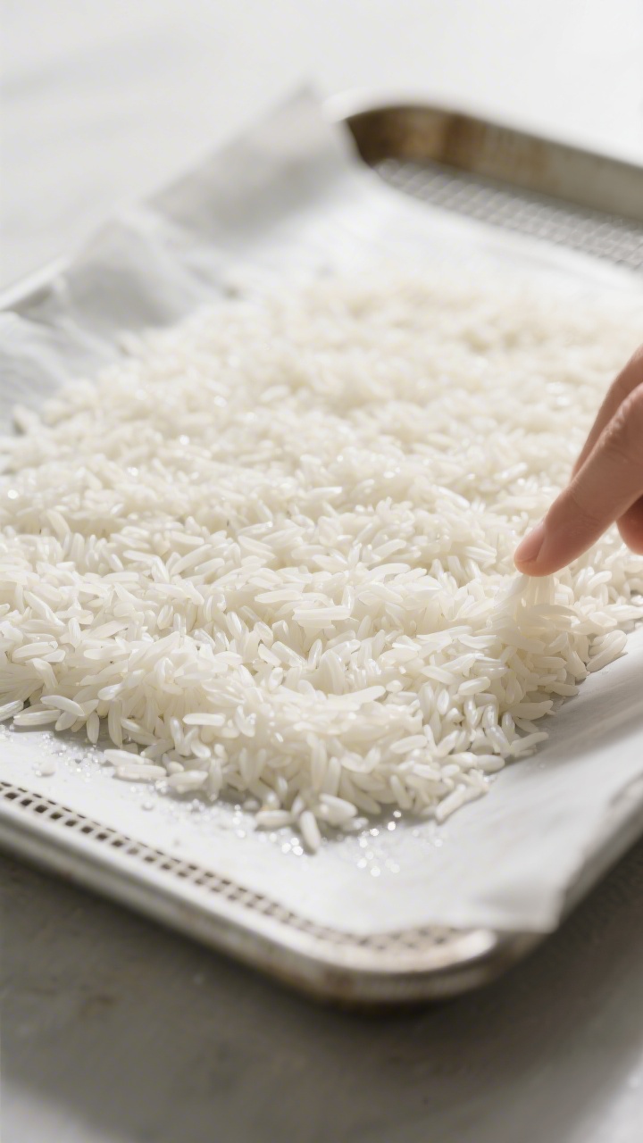 Cooking process close-up: Fluffed, just-cooked long-grain white rice being spread in a thin, even la