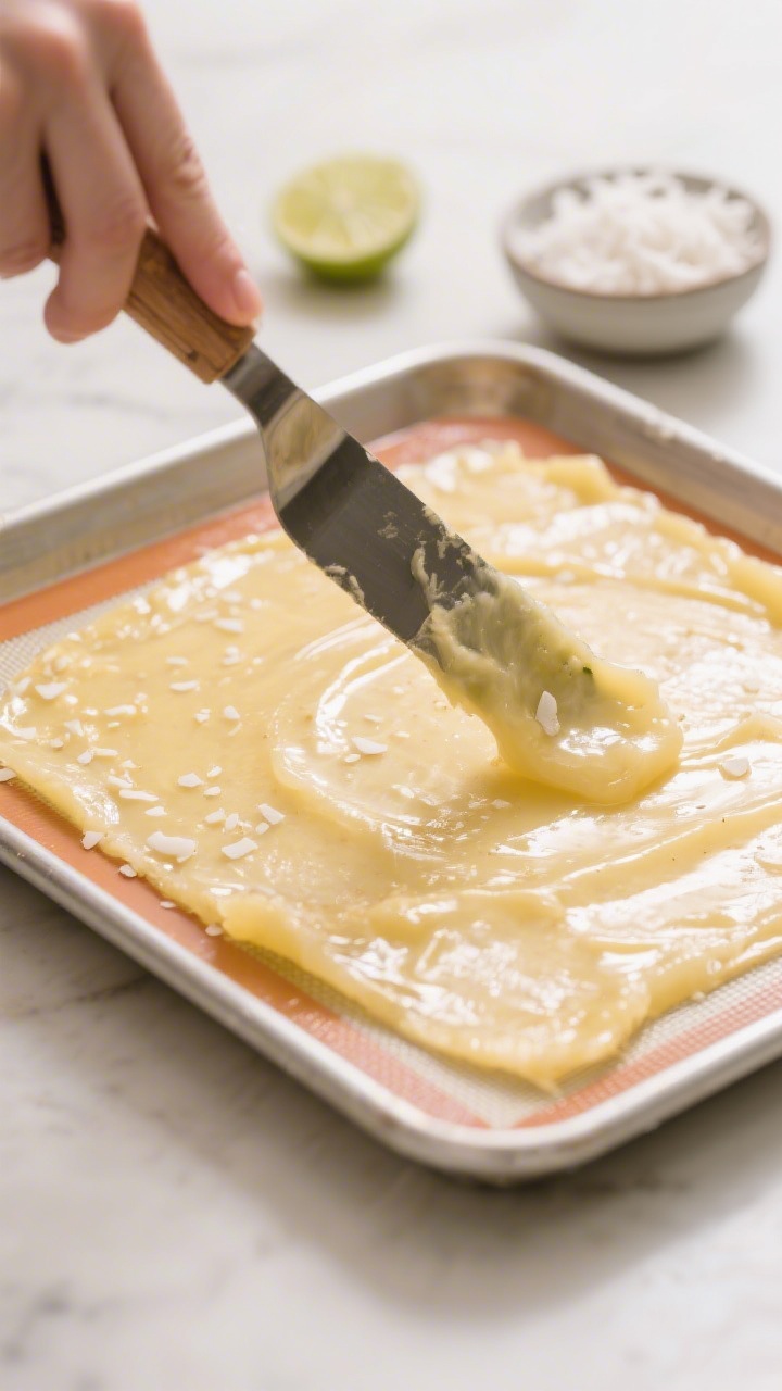Cooking process close-up: Pineapple coconut fruit leather puree being spread evenly with an offset s