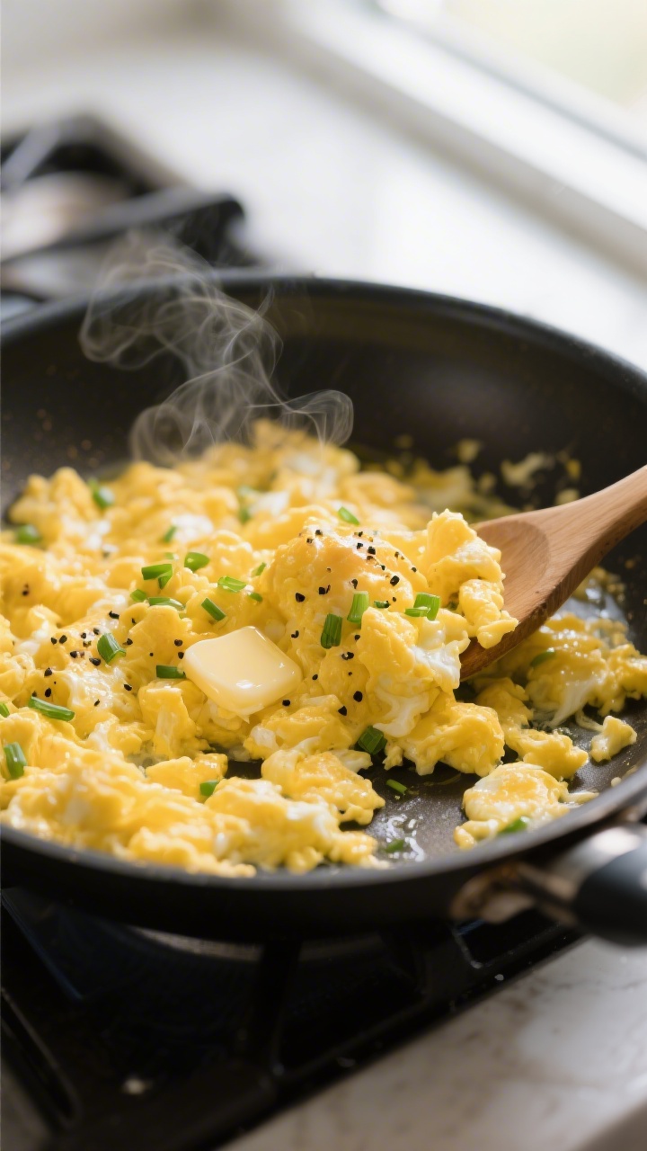 Cooking process close-up: Soft-scrambled eggs in a nonstick skillet over medium-low heat, small tend