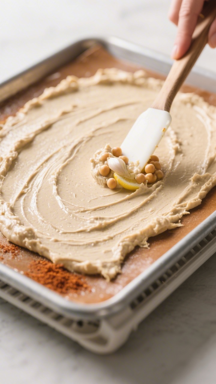Cooking process close-up: Thin, even sheet of blended hummus base (cooked chickpeas, tahini, lemon,