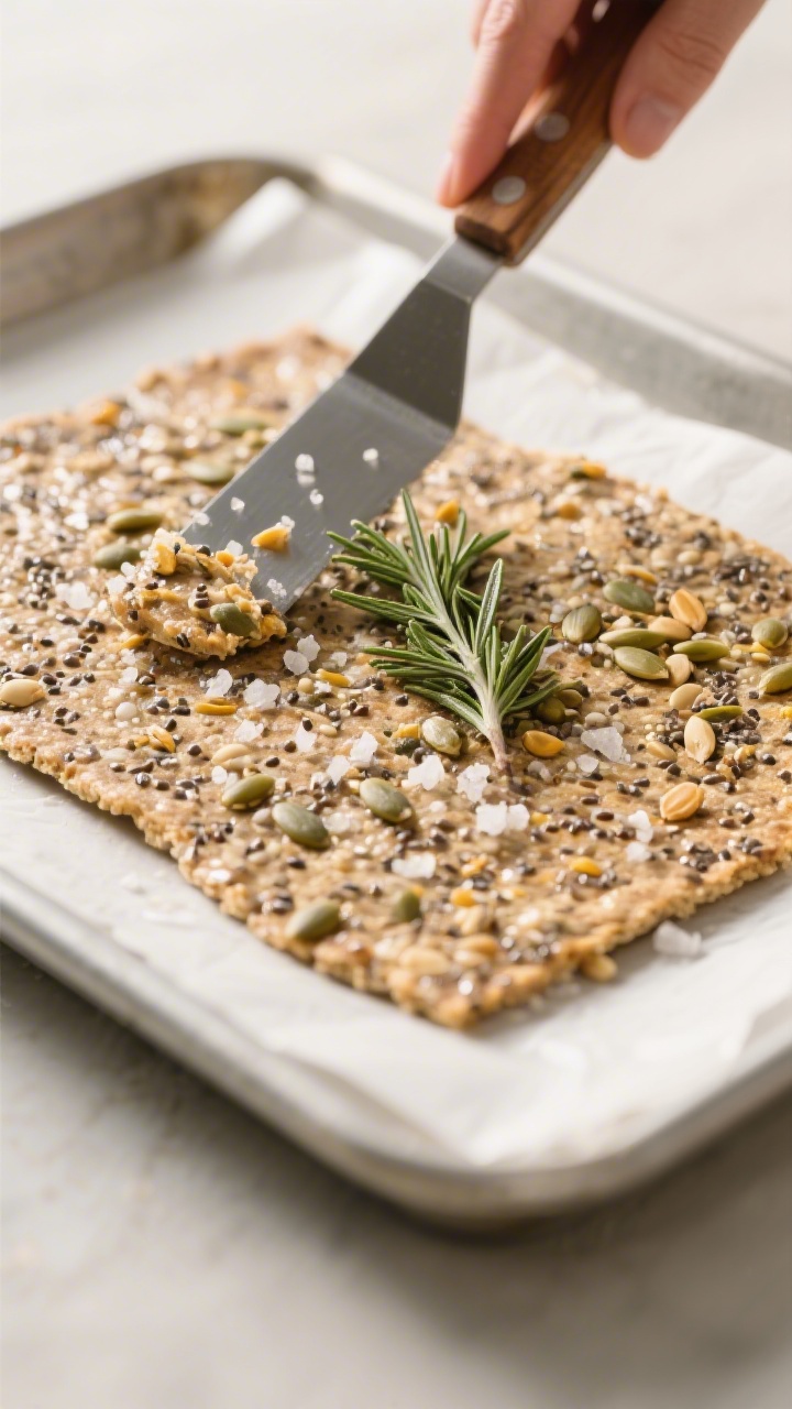 Cooking process close-up: Thin, even sheet of rosemary sea salt seed cracker mixture being spread to