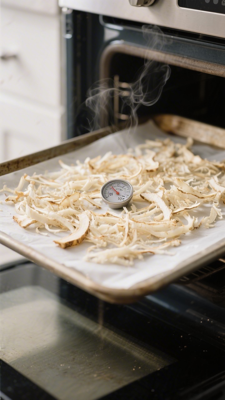 Cooking process close-up: Thin, evenly spread grated horseradish drying on a parchment-lined baking