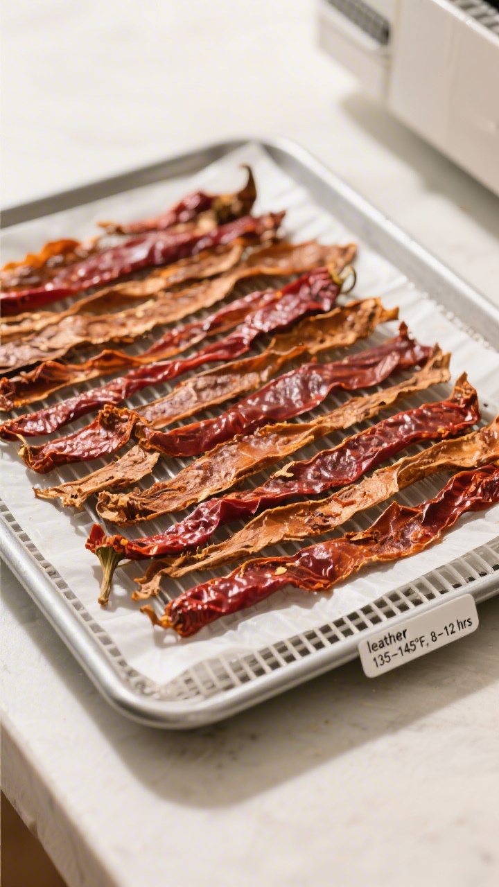 Cooking process: Dehydrated chili spread in thin, even 1/4-inch layers on lined dehydrator trays, ov