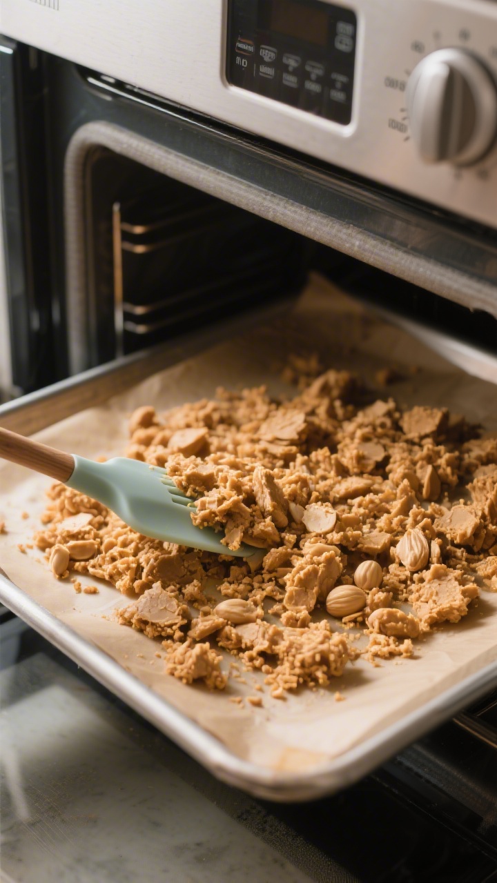 Cooking process: Dehydrated peanut paste crumbles drying on a parchment-lined sheet pan in a low ove
