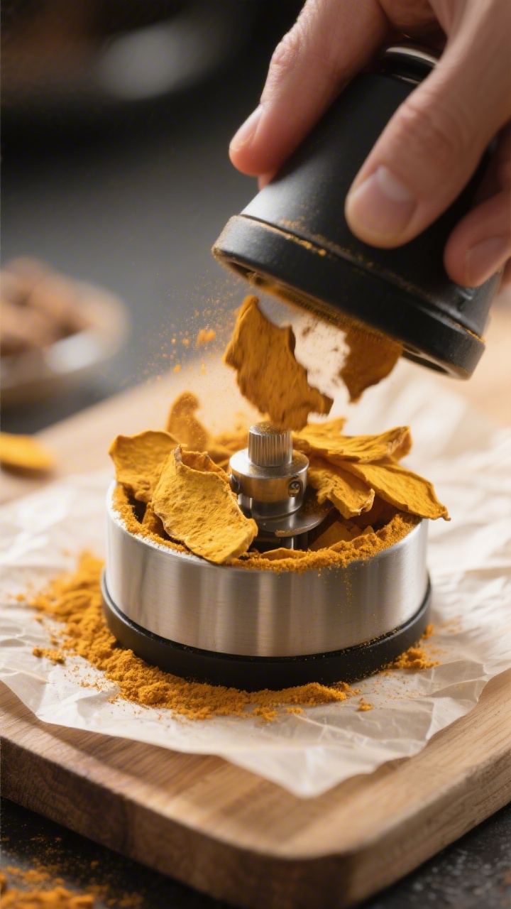 Cooking process: Dehydrated turmeric chips (fully dried, brittle slices) being pulsed in a small spi