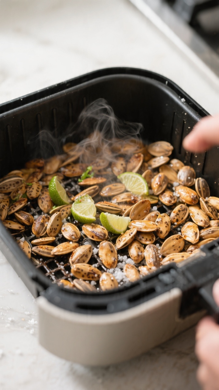 Cooking process: In-shell sunflower seeds mid-air-fry being shaken in an open air fryer basket, shel