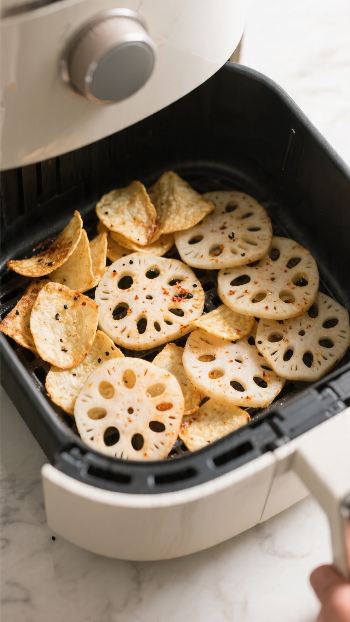 Cooking process: Lotus root slices arranged in a single, slightly overlapping layer inside an air fr