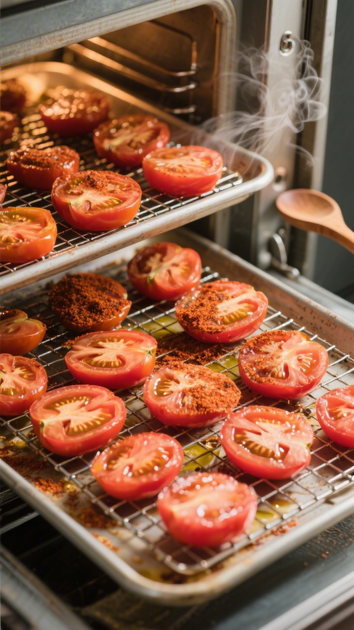 Cooking process: Oven-drying scene from above—quartered plum tomatoes arranged cut-side up on wire