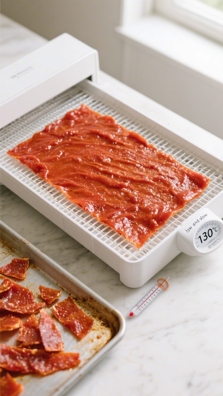 Cooking process: Overhead shot of a lined dehydrator tray with a thin, even sheet of cooked tomato p