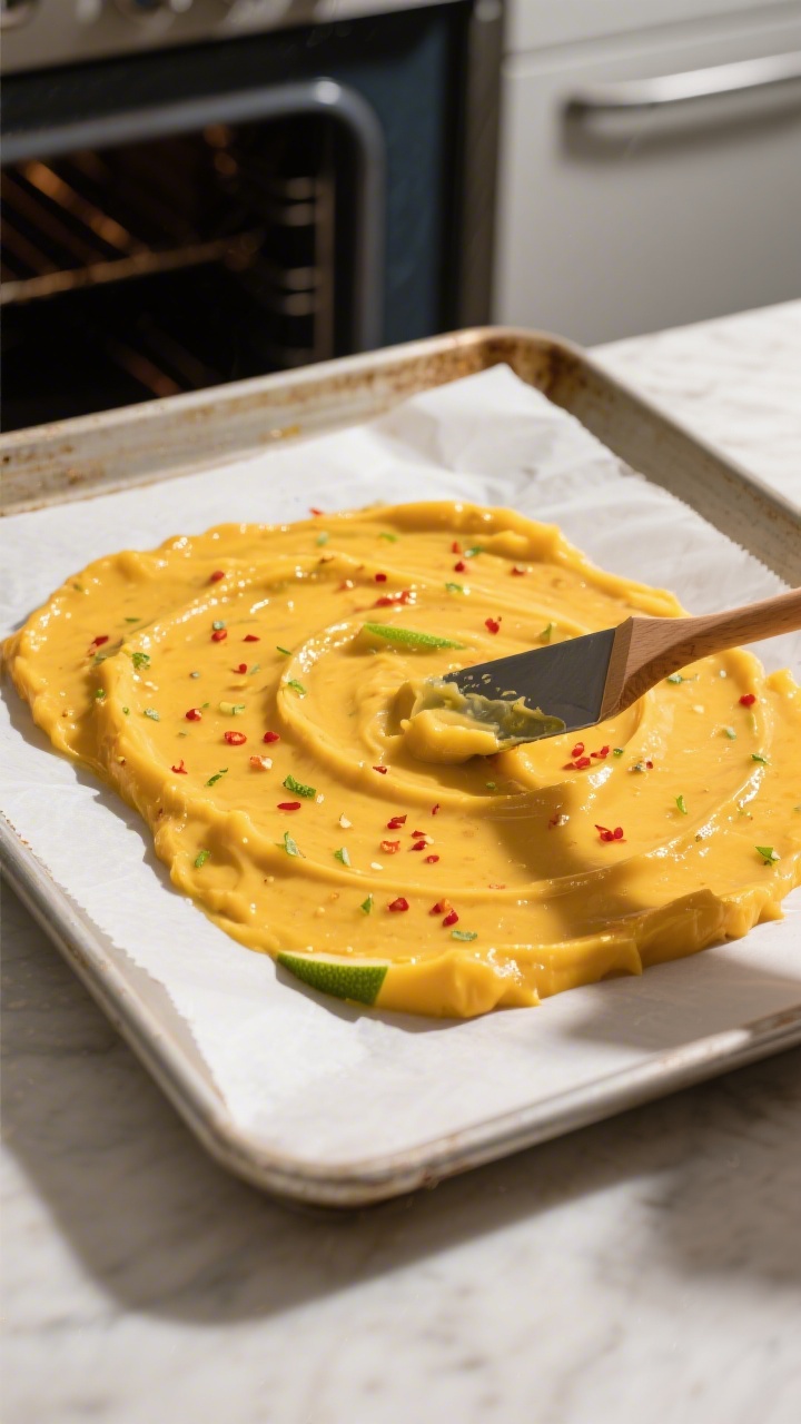 Cooking process: Overhead shot of a parchment-lined baking sheet with mango-chile-lime puree spread