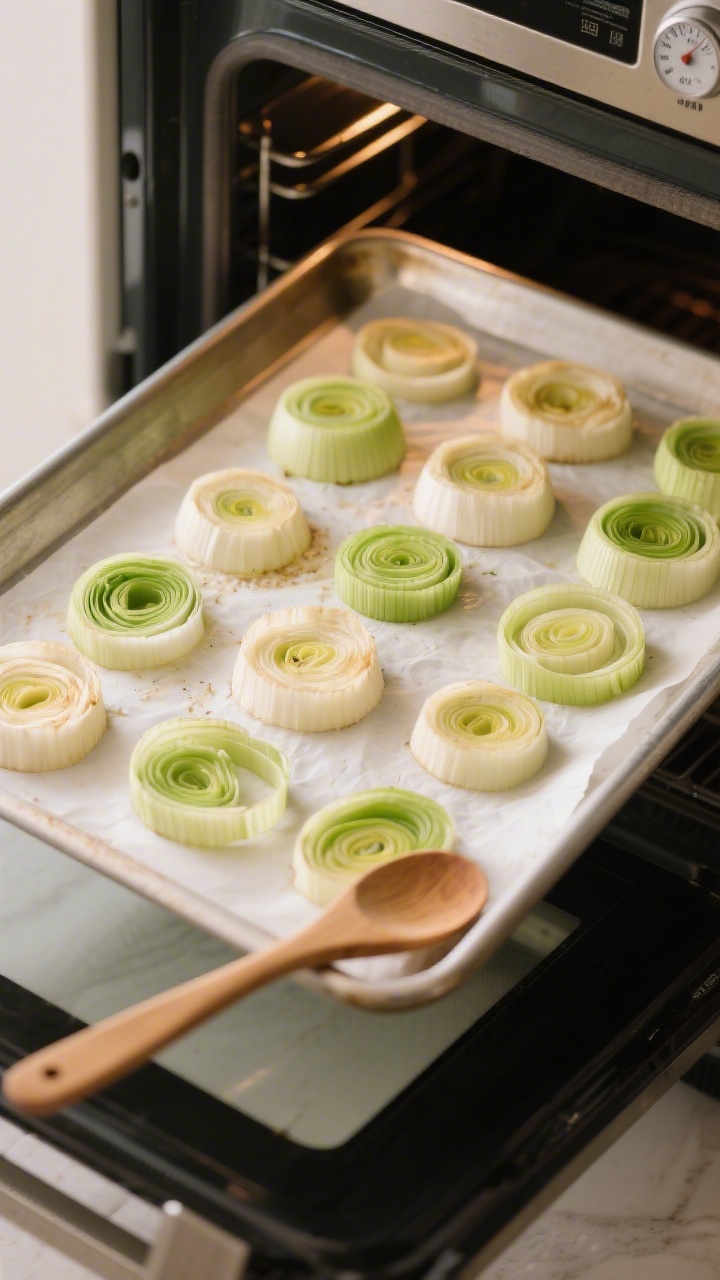 Cooking process: Overhead shot of a sheet pan in a low-temp oven with evenly spaced leek rings on pa