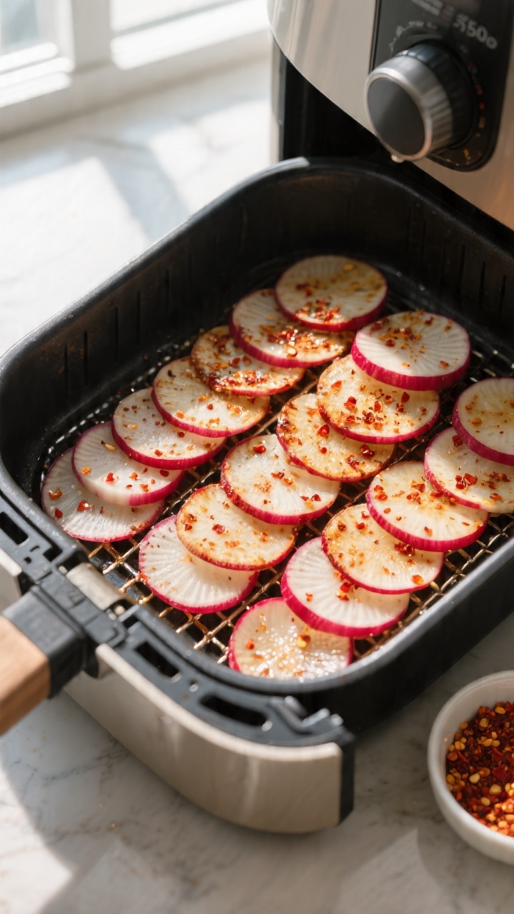 Cooking process: Overhead shot of a single, evenly spaced layer of seasoned radish slices in an open